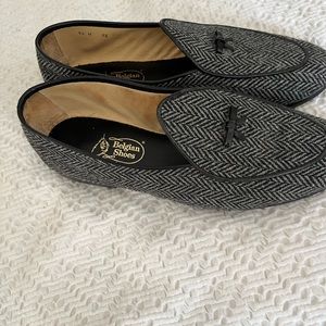 Mens Belgian Loafers. If you know you know. They are wool black and grey tweed.